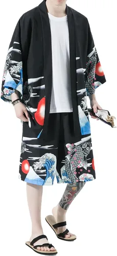 Miniatura 4 de PRIJOUHE Conjunto de kimono de estilo japonés para hombre, ligero, casual, con siete mangas, frente abierto, cárdigan y pantalones cortos