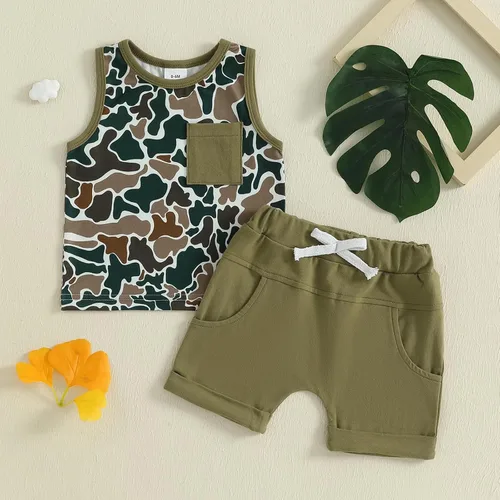 Miniatura 28 de Ropa de bebé niño sin mangas + pantalones cortos con estampado a rayas con bolsillos, 2 piezas de trajes de verano