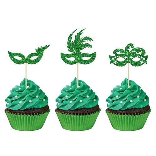 Miniatura 15 de Gyufise 24 máscaras de mascarada para cupcakes con purpurina para despedida de soltera, para cupcakes, comida y frutas, baile de máscaras, Mardi