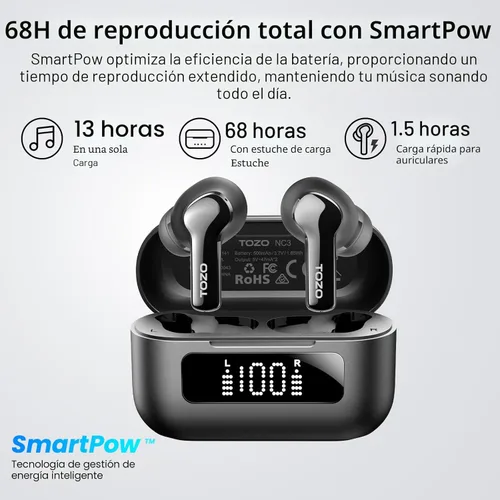 Miniatura 4 de TOZO Auriculares inalámbricos híbridos con cancelación activa de ruido con 6 micrófonos AI Clear Call Ear Buds 68H Playtime con pantalla LED, 32