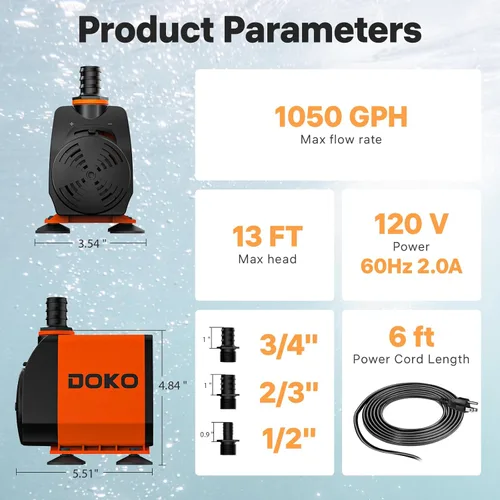 Miniatura 3 de DOKO Bomba de agua sumergible de 1050 GPH, bomba de agua ultra silenciosa de 100 W con elevación de cabeza de 13 pies, cable de alimentación de 6