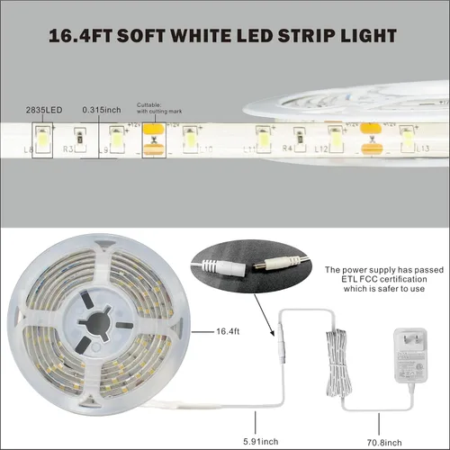 Miniatura 7 de Tira de luces LED de color blanco brillante de 16.4 pies, 300 luces LED blancas frías, 6500 K, impermeables, para dormitorio, armarios de cocina