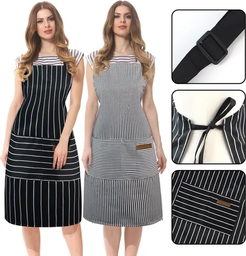 Miniatura 4 de Taidven Paquete de 2 Delantales - Unisex, Delantal Ajustable con Babero para Cocina, Delantal de Cocina, Delantales para Hombres y Mujeres con Rayas