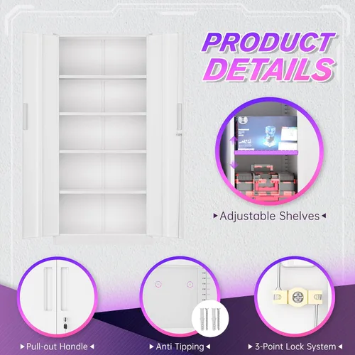 Miniatura 4 de Superday Gabinetes de almacenamiento de metal, gabinete de almacenamiento de acero de 71 pulgadas con cerradura, armario alto blanco con 2 puertas