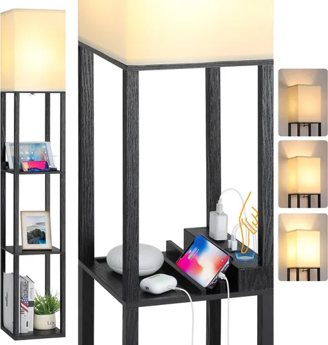 FOLKSMATE Lámpara de Pie LED con Estantes con Puertos de Carga USB, Puerto Tipo C y Toma de Corriente, Control Táctil Regulable de 3 Vías, Lámparas