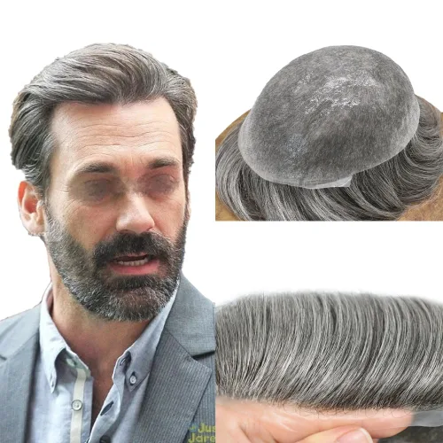 Miniatura 10 de Tupé para hombre, extensiones de cabello humano Remy para hombre, piel fina, 0.002 in, sistema de reemplazo de cabello con bucle en V para hombres