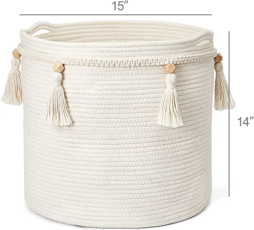 Miniatura 5 de Mkono Cesta Decorativa de Cuerda de Algodón de Macramé Boho Linda Tejida con Borlas Contenedores de Almacenamiento para Armario Organizador