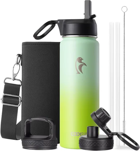 Miniatura 39 de Coolflask Botella de agua de 20 onzas aislada con pajilla, 3 tapas de metal de acero inoxidable, botella de agua de boca ancha para deportes u