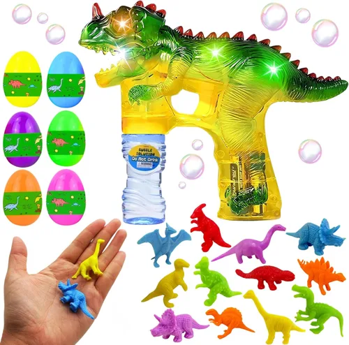 Miniatura 8 de Haktoys Jurassic - Burbujero con forma de dinosaurio, con luz Juguete Bubble Blaster para niños, fiestas LED intermitentes, botella de recarga