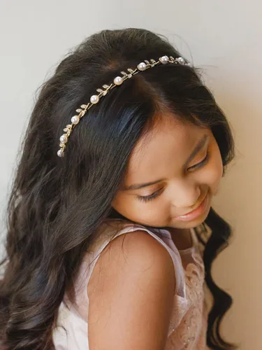 Miniatura 8 de SWEETV Diadema para niña de flores, perla para niñas, accesorios para el cabello de princesa, para fiesta de cumpleaños, primera comunión