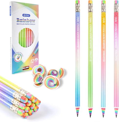 ECOTREE Lápices preafilados #2 Eco Rainbow Paper Pencil Cute Pencil para niños, lápices número 2 con borradores para escuela, escritura, 12 unidades