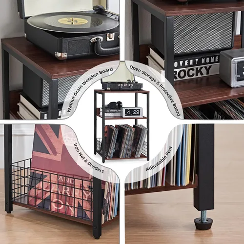 Miniatura 5 de LELELINKY Mesa auxiliar de roble nogal de 18 pulgadas de ancho, soporte para tocadiscos grande de 3 niveles con almacenamiento de hasta 130 álbumes