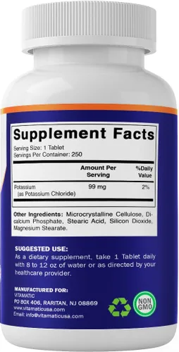 Miniatura 8 de Vitamatic Potasio 99mg – 250 Tabletas – Cloruro de Potasio para la Función Muscular, del Corazón y de los Nervios – Apoyo de Electrolitos – Sin OMG