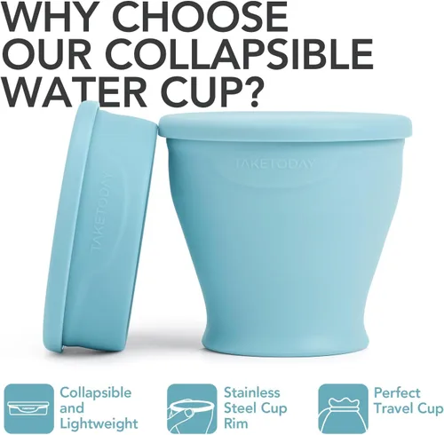 Miniatura 3 de TakeToday 2PCS Collapsible Travel Cup 8 oz - Silicone Foldable Water Cup, BPA-Free with Lid & Waterproof Bag - Drinking Cup Set for Camping