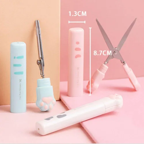 Miniatura 2 de Tijeras multiusos, mini tijeras de mano portátiles Kawaii Cat Paw Tijeras de artesanía Tijeras plegables de papelería con cubierta de seguridad