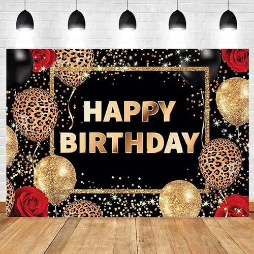 Miniatura 2 de Telón de fondo de feliz cumpleaños con estampado de leopardo negro y dorado, globos de guepardo, fondo de fotografía de rosa roja, para mujeres