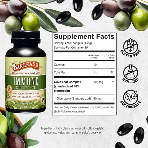 Miniatura 6 de Barlean's Suplemento de apoyo inmunológico de cápsulas blandas de complejo de hoja de olivo con 90 mg de antioxidantes de oleuropeína, pastillas