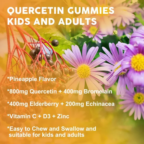 Miniatura 7 de Gomitas de quercetina con bromelina para adultos y niños, 800 mg de quercetina con bromelina, saúco, vitamina C, D3, inmune, apoyo de bienestar