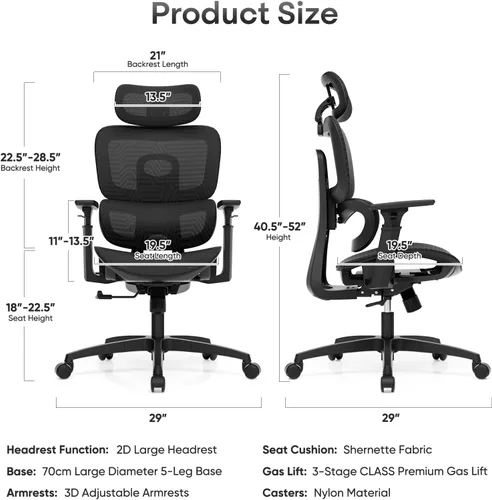 Miniatura 3 de Silla de oficina ergonómica, silla de escritorio ajustable con respaldo alto y asiento ajustable, reposabrazos 3D, bloqueo de inclinación reclinable