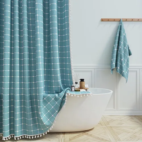 Miniatura 30 de BTTN Juego de cortinas de ducha estilo bohemio de granja con borlas, tela rústica de lino resistente, repelente al agua, cortinas de ducha gruesas A
