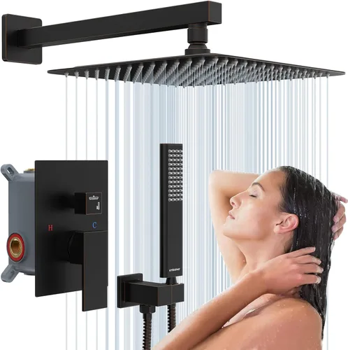 Miniatura 13 de Juegos de sistema de grifería de ducha negros: EMBATHER Juego combinado de ducha con cabezal de lluvia superior de 10 pulgadas con ducha de mano