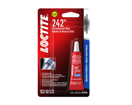 LOCTITE 242 Threadlocker para Automotriz: Alta Temperatura, Fuerza Media, Anaeróbico | Tubo Azul de 6mL (N.º de pieza: 37418 - 487229)