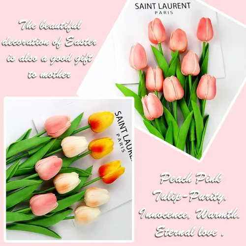 Miniatura 5 de KOILLUXU Flores artificiales, 30 ramos de tulipanes de tacto real de 14 pulgadas de alto, tulipanes falsos de poliuretano rosa melocotón
