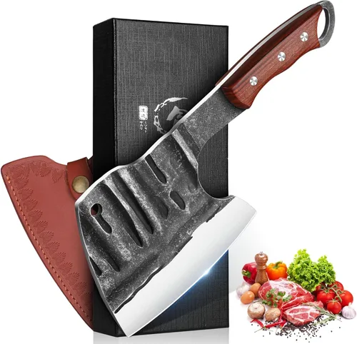 Dream Reach Cuchillo para cortar carne, cuchillo para cortar carne, cuchillo de carnicero resistente hecho a mano con funda, picadora de espiga