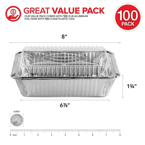 Miniatura 3 de Stock Your Home Sartenes pequeñas de aluminio de 2 libras con tapas (paquete de 100) con papel de aluminio y tapa de plástico transparente