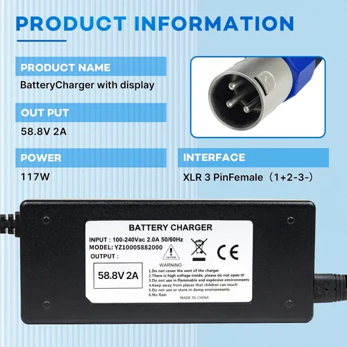 Miniatura 2 de Cargador de 58.8V 2A Conector XLR de 3 pines para baterías de litio de 52 V, adaptador de corriente con pantalla HD de voltaje de carga actual
