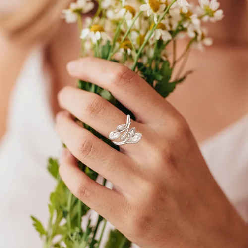 Miniatura 2 de PRAYMOS Anillos de hoja para mujer, plata de ley 925, con piedra natal, abierto, ajustable, anillos de compromiso y boda