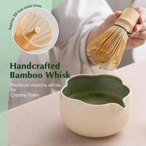 Miniatura 7 de Juego de Matcha, Juego de Matcha de Cerámica Floral de 8 Piezas con Batidor de Matcha, Soporte, Cuchara, Reposa-cuchara, Colador, Cuchara y Paño