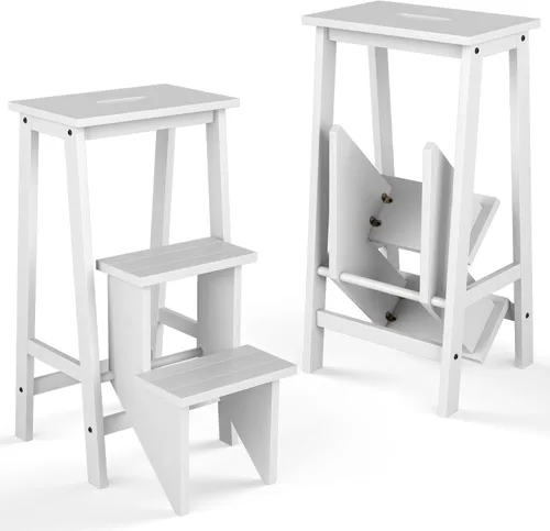 Miniatura 10 de Taburete plegable de madera de 3 escalones, escalera antideslizante portátil, escalera plegable de madera, estante de flores multifuncional y silla