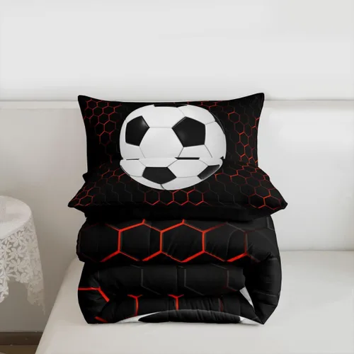 Miniatura 7 de Juego de edredón de panal negro y rojo para adolescentes, jóvenes y adultos, juego de ropa de cama de fútbol y fútbol, juegos de edredón hexagonales