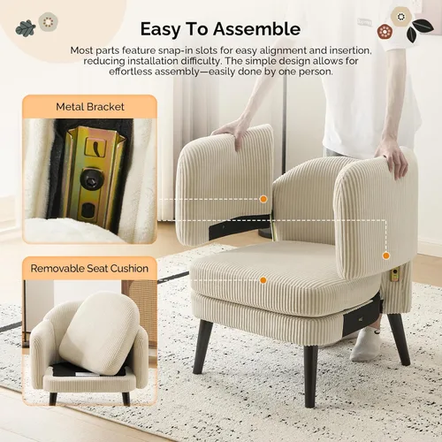 Miniatura 5 de VINGLI Sillón de Acento Moderno Tipo Barril de 30.3" de Ancho con Reposabrazos Track, Patas de Madera Sólida, Cómoda Silla Club Tapizada, Sofá