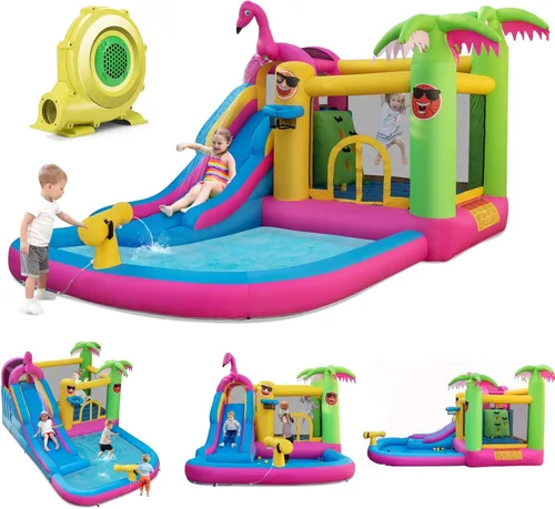 Miniatura 10 de BOUNTECH Tobogán acuático inflable, tobogán acuático para niños, casa de rebote en húmedo y seco, combo para diversión al aire libre con soplador