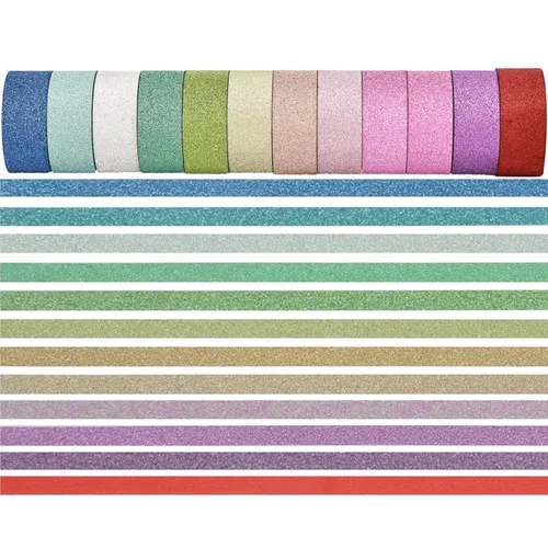 YUKUNTANG Juego de cinta Washi con purpurina, 12 rollos, 15 mm x 61 metros, cinta adhesiva decorativa brillante de papel metalizado para