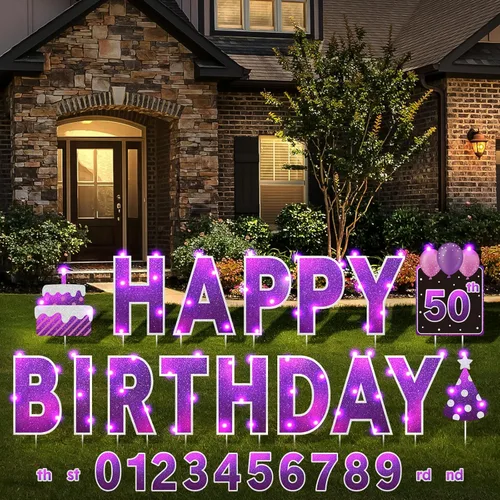 Miniatura 10 de Yerliker 16 piezas de carteles de feliz cumpleaños para patio con estacas, luces LED de 32.8 pies, 42 piezas de adhesivos numéricos, carteles
