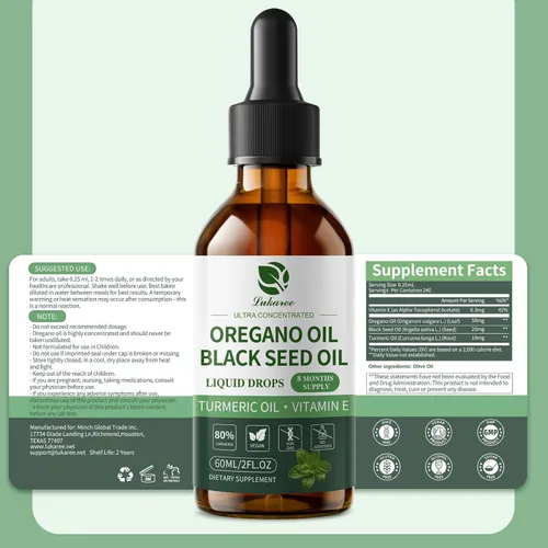 Miniatura 9 de Aceite de orégano con aceite de semilla negra, gotas de aceite de orégano 4 en 1 con aceite de cúrcuma y vitamina E, 80% Carvacrol, inmune