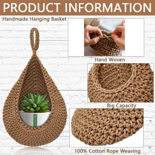 Miniatura 4 de Paquete de 4 cestas colgantes de frutas para cocina, cesta bohemia para colgar en la pared con 8 ganchos fuertes, cesta colgante 100% tejida a mano