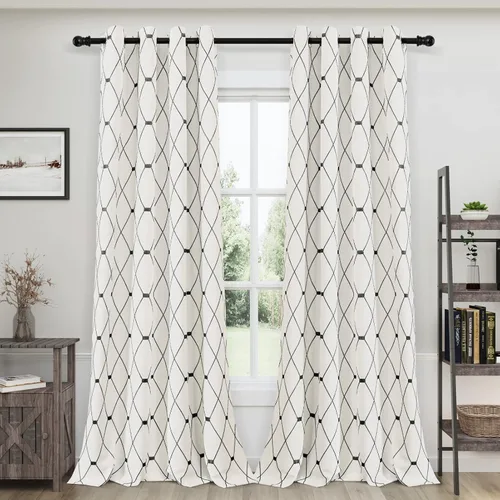Miniatura 20 de Joywell Cortinas jacquard con ojales para sala de estar, 108 pulgadas de largo, línea ondulada negra con patrón de puntos, cortinas bordadas
