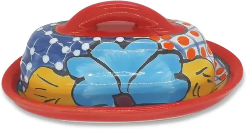Miniatura 7 de Cuenco para Mantequilla de Cerámica Talavera con Tapa Pintada a Mano, Auténtica Cerámica Mexicana de Cocina, Diseño Floral (Rojo)