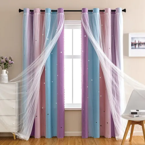 Miniatura 37 de XiDi Cortinas opacas con estrellas para habitaciones de niños, cortinas verdes para ventana de dormitorio de niños, azul y gris, 52 pulgadas de Azul