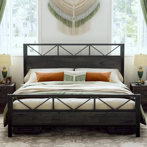 Miniatura 13 de LIKIMIO - Base de cama Queen, cabecero industrial alto de 51.2", con soporte metálico resistente, estructura de cama sólida y estable, libre