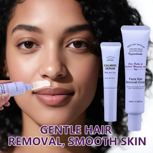 Miniatura 2 de Crema depilatoria facial para mujeres, kit de cremas depilatorias faciales suaves con raspado, suero calmante, crema removedor de vello corporal