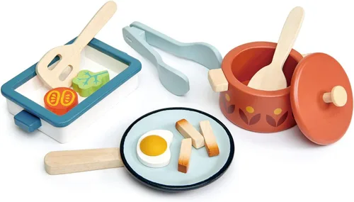 Tender Leaf Toys - Ollas y sartenes - Juego de 13 piezas de cocina de madera para simular, juego de accesorios de cocina para niños - A partir de 3