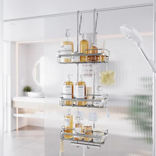 Miniatura 7 de Skyapex Organizador de ducha sobre la puerta: Estante de baño colgante sobre vidrio con ganchos - Estante de almacenamiento dentro del baño