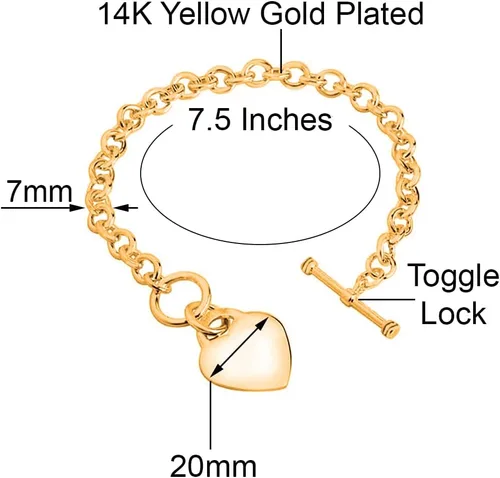 Miniatura 3 de Savlano Pulsera chapada en oro de 14 quilates con dije de corazón, pulsera de cadena Rolo de 7.5 pulgadas, viene con caja de regalo para mujer