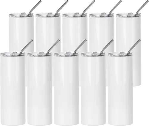 PYD Life Paquete de 10 Vasos Tumblers de Sublimación a Granel en Blanco de 20 OZ Delgados Blancos de Acero Inoxidable con Pajita y Tapa para Taza