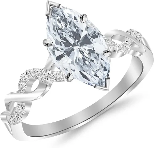 Anillo de compromiso de diamantes con vástago dividido de oro infinito trenzado y diamante de 1.13 quilates con un centro de moissanita marquesa